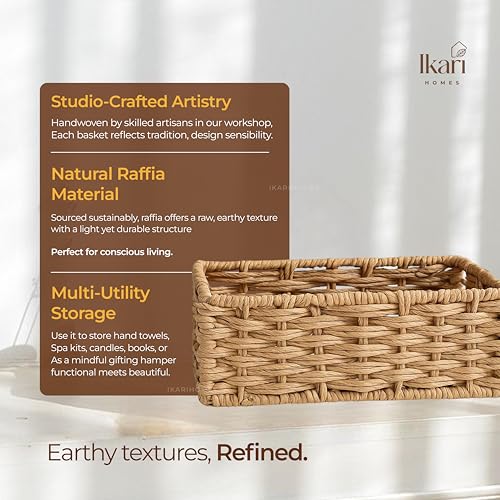 Image of Ikari Homes Rectangular Woven Raffia Basket, Natural Decorative Storage Tray I Boho decor storage vanity basket I Gifting Basket I Sustainable organisor Storage Basket (9 in x 5 in)