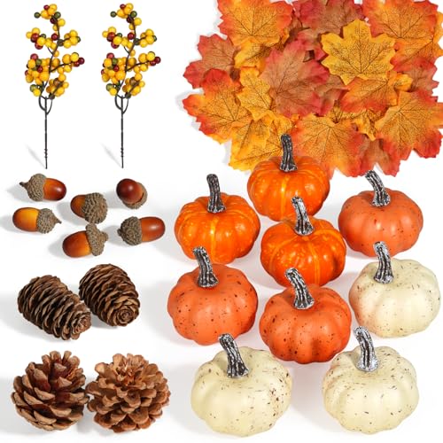 Artmag 51 PCS Artificial Pumpkins, Fall Harvest Decorations with Acorns, Pinecones, Berries, Maple Leaves for Farmhouse Fall Thansgiving Halloween Decor Decoration