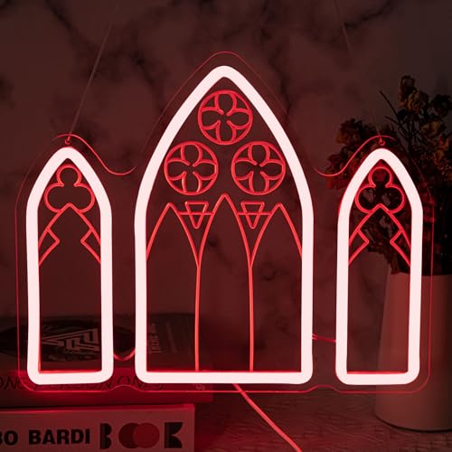 Image of Gothic Window Neon Sign Horror Red Neon Signs for Wall Decor, Dimmable Gothic Medieval Cathedral Neon Art, Red LED Light Sign for Haunted House Man Cave Halloween Party Gifts