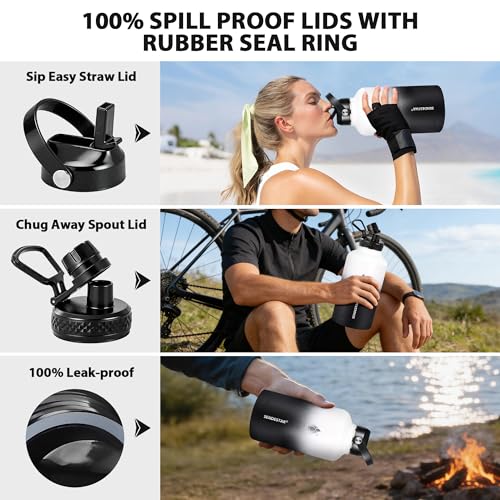 Image of Insulated Water Bottle 64 oz, Triple Wall Vacuum Stainless Steel Water Bottles (Cold for 48 Hrs), Leak Proof & Non-BPA, Half Gallon Water Flask Jug Wide Mouth Straw Lid & Spout Lid