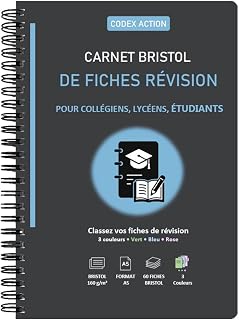 Carnet Bristol Fiches Révision A5 Spirale – 60 Fiches Bristol 160 g/m² – Classez vos Fiches de Révision – 3 Couleurs – Collège, Lycée, Études, Étudiants, Examens