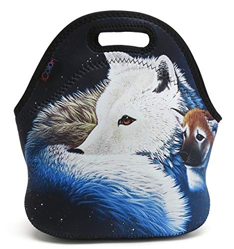 iColor Wolf Design Neoprene Lunch Bag, Kids Thermal Lunch Tote Bag, Lunch Box & Food Container, Insulated Soft Lunchbox, Food Storage Cooler - Great Gift for Boys,Girls (HST-LB-059)