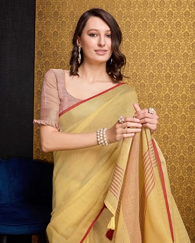 Image of SWORNOF Women's Linen Cotton Silk Saree with Unstitched Blouse Piece | Saree for Women | Saree with Blouse Piece | Soft and Skin Friendly