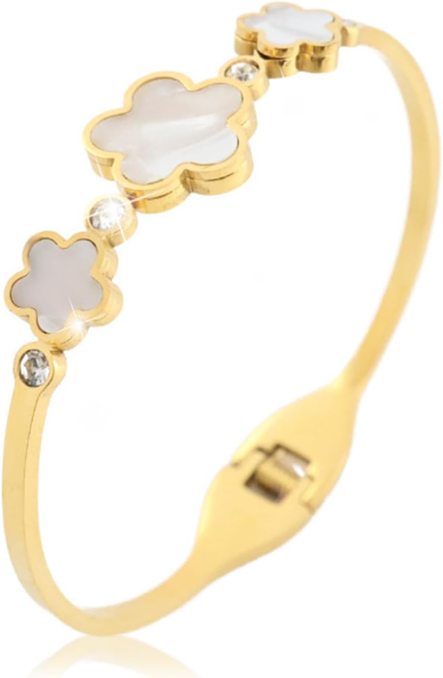 Women's Five Leaf Clover Bracelet 2.44IN Golden Mother of Pearl Three Cinquefoils Spring Bracelet No Color Loss Cuff Bracelet Jewelry