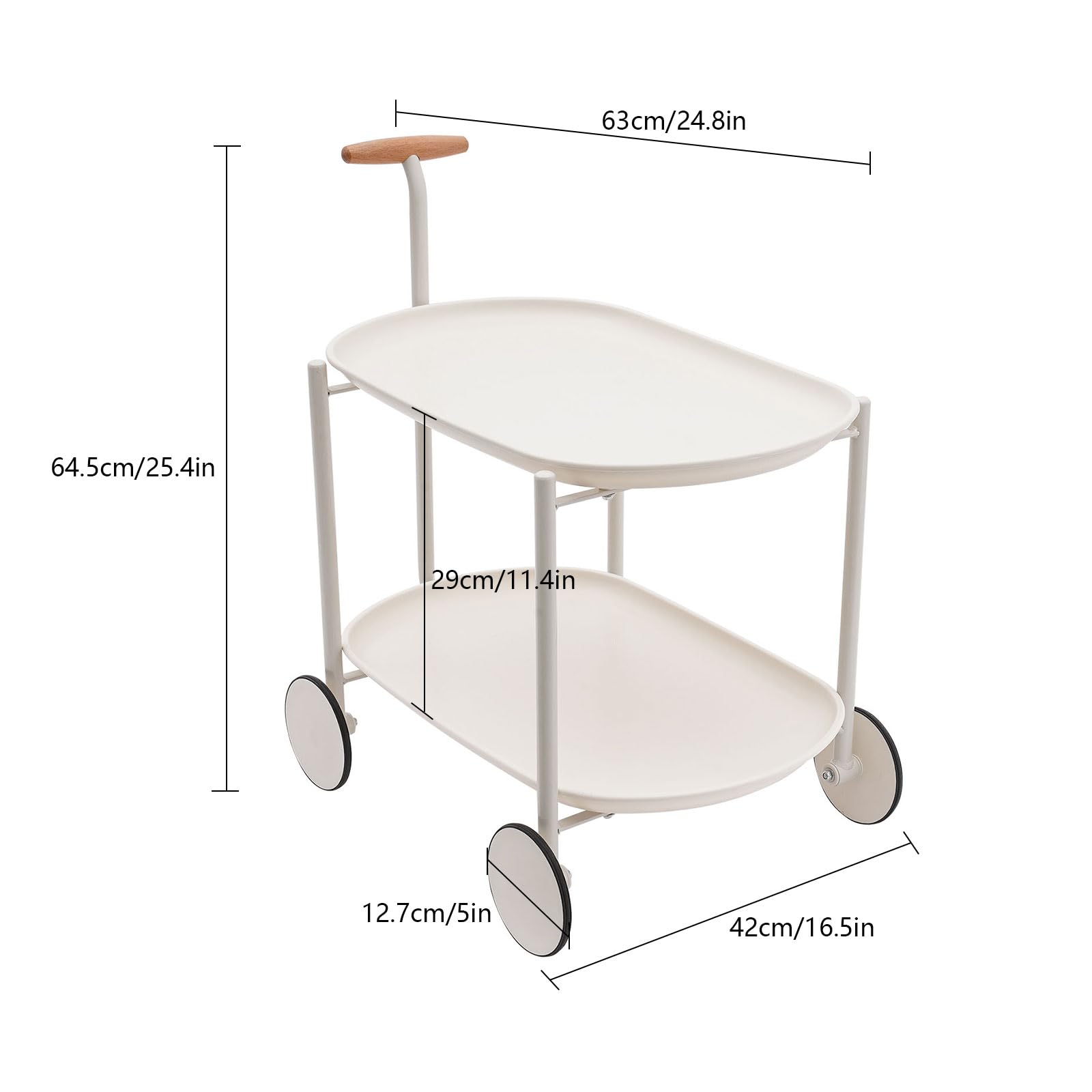 Carrello da servizio, carrello da cucina, multifunzione, in ABS, con ruote, manico e 2 ripiani, 63 x 42 x 64,5 cm (bianco)