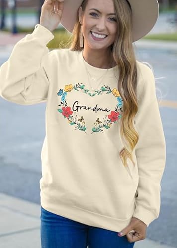 Kiddad Grandma Sweatshirt For Women Cozy Floral Heart Grandma Sweater Shirt Casual Pullover Tee Top Apricot thumb #2