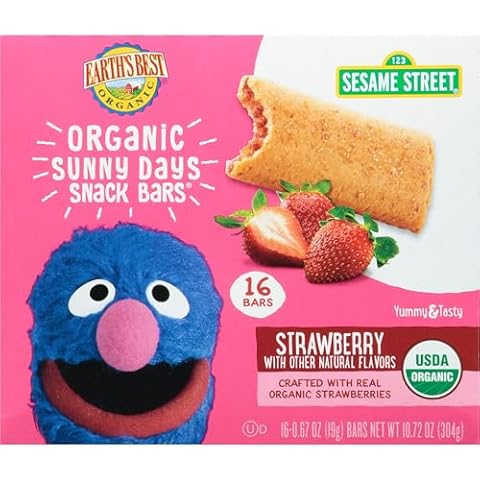 Earth's Best Organic Kids Snacks, Sesame Street Toddler Snacks, Organic Sunny Days Snack Bars for Toddlers 2 Years and Older, Strawberry with Other Natural Flavors, 16 Bars Per Box Cover