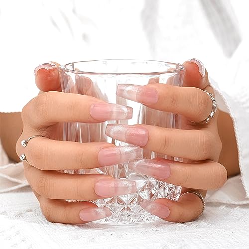 Sethexy French Long Coffin Pink False Nails Handmade Simple Glossy Fake Nails Glitter Acrylic Press On Nails Sparkle Salon Quality Nail Art Removable for Women and Girls (Z) - Image 3