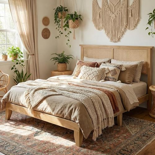 GAOMON Queen Size Rattan Bed Frame, Rattan Bed with LED Light & Natural Headboard, Boho, Storage Space Underneth, Sturdy Wooden Slats Support, No Box Spring Needed