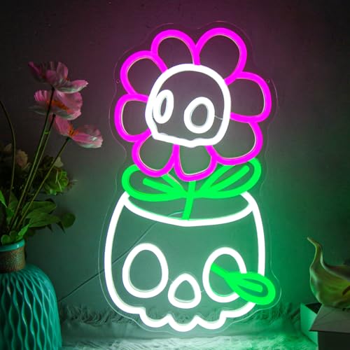 Image of Skull Neon Sign for Wall Decor Halloween LED Sign Dimmable Cute Skull Flower Neon Sign for Boys Girls Bedroom, Game Room, Living Room, Man Cave, Halloween Party Decor Gifts
