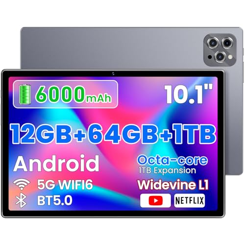 2026 Android 14 Tablet 10.2 Inch, 12GB RAM 64GB ROM Expandable to 1TB, 6000mAh Long Battery Life. HD IPS Screen, Dual Speakers, WiFi 6 - Budget-Friendly Tablet for Students, Family & Work (Gray)