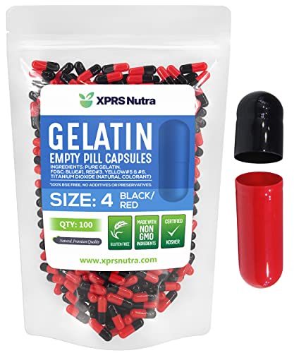 Image of XPRS Nutra Size 4 Empty Capsules - 100 Count Small Empty Gelatin Capsules - Pills DIY Capsule Filling - Fillable Pure Bovine Pill Gel Caps for Do-It-Yourself Supplements (Black /Red)
