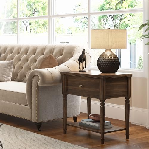 Image of Solid Wood Nightstands Set of 2 with Drawer, Farmhouse End Table Sofa Side Table with Storage Shelves, Real Wood Beside Table Accent Table for Small Spaces, Living Room, Easy Assembly (Walnut)