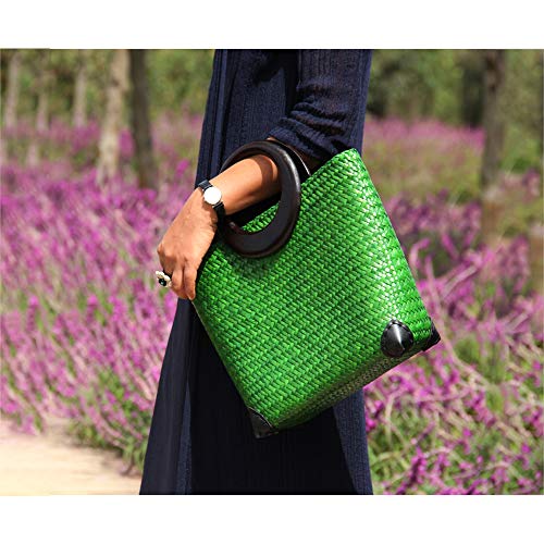 Image of Hand-woven Womens Straw Large Boho Handbag Bag for Women, Summer Beach Rattan Tote Travel Bag with Wood Round Top Handle (Green)