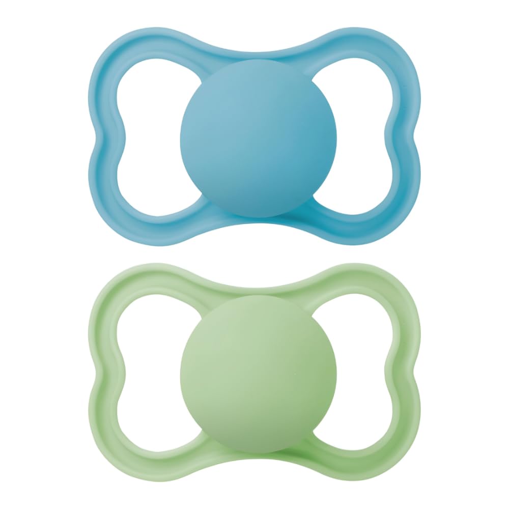 MAM Air Schnuller 6-16 Monate (2er-Set), MAM Schnuller 6-16 Monate für empfindliche und empfindliche Haut, 2-teiliges Set mit Sauger aus Naturkautschuk und Sterilisator-Schnullerhalter, hellblau/grün