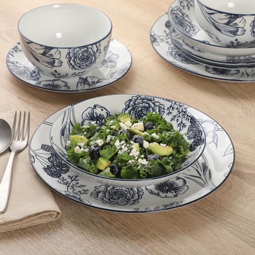 Image of Gibson Home Westerly Court 16-Piece Dinnerware Set, Blue Floral Stoneware Plates & Bowls, Service for 4, Round Durable Everyday Dish Set