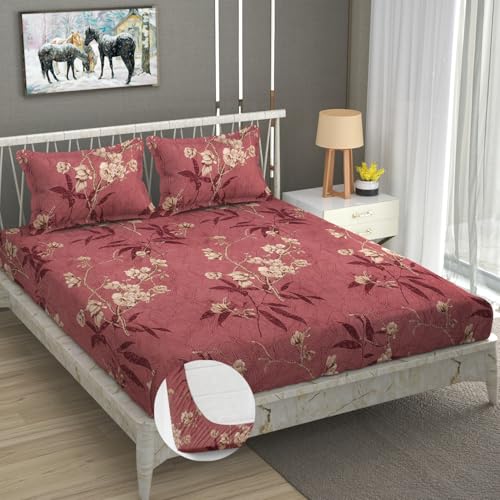 Image of Premium Heavy Cotton Elastic Fitted Bedsheets with 2 King Size Pillow Covers | Diwan Bed with All Around Elastic 350 TC | 48 x 78 x 6 Inch Diwan Size Fitted | :- Baby Pink Flower