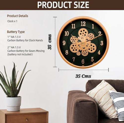 Image of Rotating Moving Gears Wall Clock 35CMS Industrial Steampunk Real Moving Gear Designer Wall Clock for Living Room Home Decor Office Wooden Look Plastic Round 14 Inch (Gold Foiling)