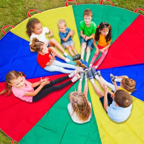 Image of Parachute 13ft / 16.4ft / 20ft - Kids Play Gymnastics Parachute with Handles for Group Team Cooperative Games,Indoor Outdoor Gym Class Rainbow Parachute Birthday Church VBS Activity Supplies