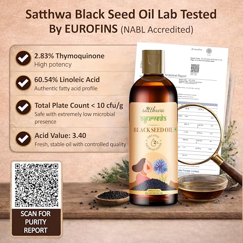 Image of Satthwa Organic Black Seed Oil - Edible - Cold-Pressed, 100% Pure Nigella Sativa Oil, High TQ, Nutrient-Rich for Immune, Hair & Skin Support - 200ml
