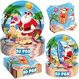 150Pcs July Christmas Decorations Set, Summer Santa Christmas in July Plates and Napkins, July Summer Christmas Party Supplies Tableware for Pool Beach Tropical Christmas Luau Party Decorations​