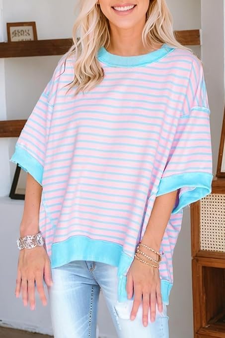 Apvirdy Womens Stripe Colorblock Oversized T-Shirts Seam High Low Pullover Tops Crewneck Short Sleeve Baggy Tops - Image 2