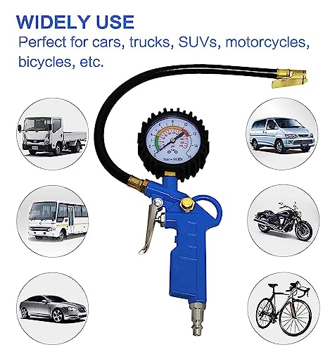 Auto Tire Inflator with Pressure Gauge 220 PSI Dial Wheel Inflator Gage Compressor Accessories Heavy Duty with Rubber Hose and Quick Connect Plug for RV Car Motorcycle for Men