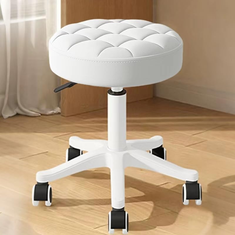Tabouret Rond à Roulettes en Cuir Synthétique - Tabouret Pivotant Hauteur Réglable pour Table à Dessin, Spa, Salon