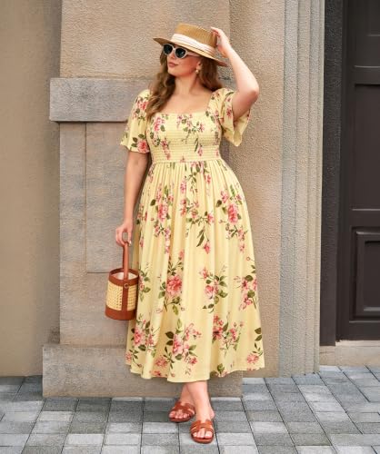 Image of RITERA Plus Size Dresses for Curvy Women Square Neck Short Sleeve Summer Floral Smocked Maxi Dress with Pocket XL-5XL