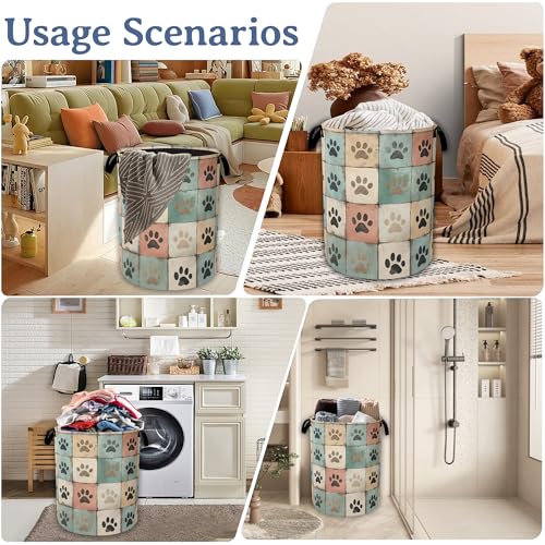Image of Cute Paw Print Laundry Basket,Foldable Oxford Cloth Vintage Laundry Hamper With Handle, 20.8 inchx16 inch Portable Clothes Storage Basket Bag for Laundry Room /Bathroom /Bedroom /Dormitories