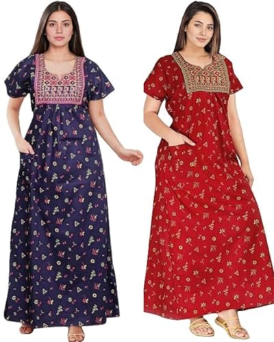 Image of Bresdk Women's Cotton Embroidered Jaipuri Nighty Gown - Pack of 2 Rajasthani Print Maxi Night Dress with Pocket - Soft & Comfortable Ladies Sleepwear & Loungewear