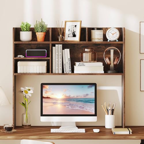 Image of Tangkula Desktop Bookshelf for Computer Up to 32 inch, 37 inch Countertop Storage Hutch with 6 Storage Shelves, 3-Tier Desktop Organizer Display Rack, Wooden Desk Hutch for Dorm Home Office (Rustic Brown)