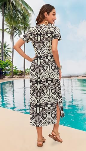 Image of MISFAY Womens Maxi Dress Short Sleeve V Neck Loose with Pockets | Soft stretchy breathable, v neck loose fit, side split hem, two side pockets, casual daily beach vacation travel dress