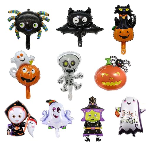 LQIOACU 10 Piezas Globos de Película para Halloween, Mini Globos en Forma, Calabaza, Gato, Bruja, Monstruo, Calavera, Arañas, Murciélagos, Fantasmas, etc - Helio, Miedo, para Niños