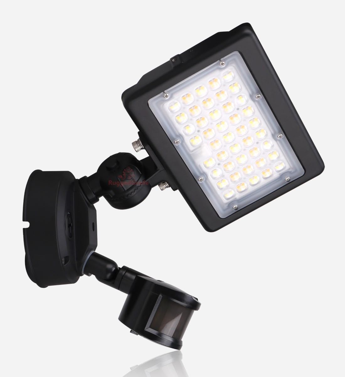 RuggedGrade Kivo II Series 50W LED Flood Light - 7,150 Lumens - Color Selectable 3000K/4000K/5000K - Outdoor Light - Knuckle Conduit Mount with Motion Sensor & Junction Box - DLC 5.1 Premium