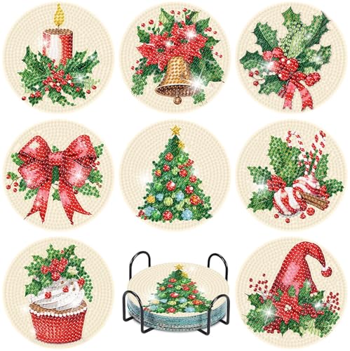 eniref 8 Pcs Christmas Diamond Art Coasters Kits with Holder Chirstmas Bell Candy Candle Diamond Pinting Coasters Acrylic Cup Coaster with Cork Pads for Tabletop Protection 1010 CM