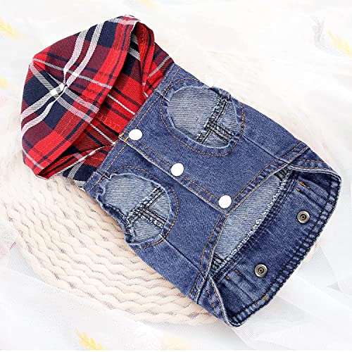 Pet Dog Cat Clothes Jeans Jacket With Hat Puppy Denim Jumpsuits Hooded Grey Hat Vest Hoodie Coats Classic One-Piece Cat Outfits Vests For Small Medium Dogs (Red Checkered, Xl) #TOP2