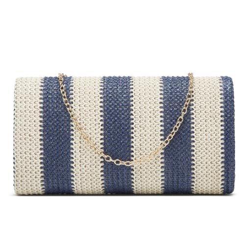 Image of Straw Clutch Bag Women Summer Woven Handbag Striped Chain Crossbody Envelope Shoulder Boho Beach Evening Party Purse