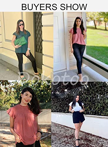Dokotoo Women's Fashion 2023 Summer Ruffle Short Sleeve Round Neck Tops Lace Pom Pom Smocked Basic Tee Shirts Back Keyhole Self Tie Flowy Chiffon Blouses L Green #TOP2
