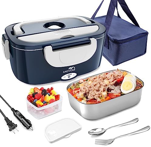 Andvon Electric Lunch Box 60W Food Heater 3-In-1 Portable Food Warmer Lunch Box for Car & Home,1.5L Heated Lunch Boxes for Adults, Lunch Heating Microwave for Truckers,with Carry Bag