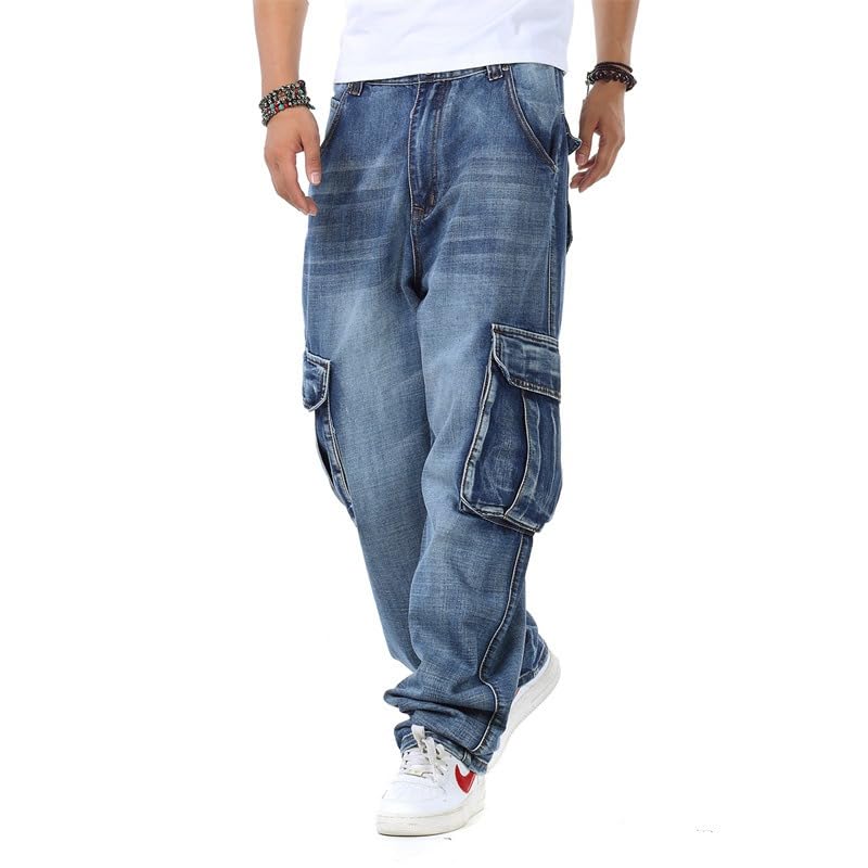 Men's Casual Loose Hip Hop Denim Work Pants Jeans Motorcycle Workwear Multi Pockets Biker Cargo Jeans Pants3