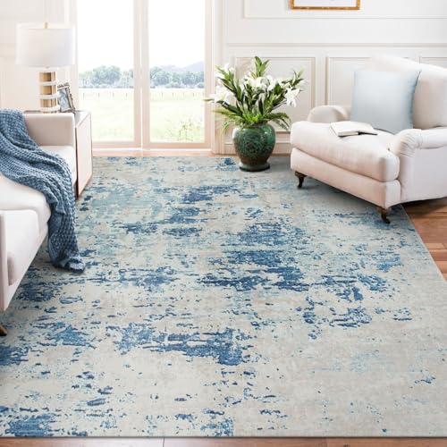 TALETA Alfombra de salón, alfombra lavable de pelo corto antideslizante, alfombra moderna para salón, dormitorio, comedor, alfombra en tonos azules con estampado gris, grande: 160 x 230 cm