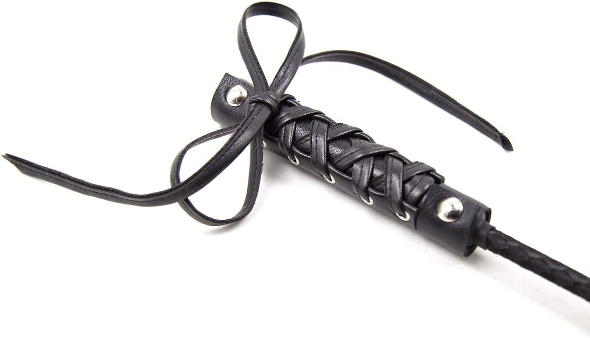 Leather Bow tie Metal Cap with Handle， Bright Leather Whip,Whip, Horse Riding Crop, Role-Playing Props,