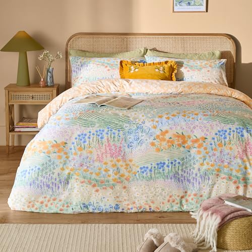 furn. Florin Duvet Cover Set – Reversible Floral Meadow Cotton Blend Easy Care Bedding (Multicolour - King)