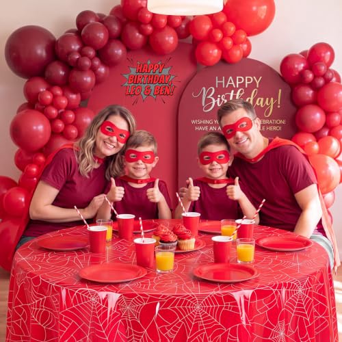Image of Hahafelt 3 Pcs Spider Web Plastic Tablecloth 84 Inch Round Red and Blue Disposable Table Cover Spider Theme Circular Table Cloth for Birthday Party Indoor Outdoor Decorations