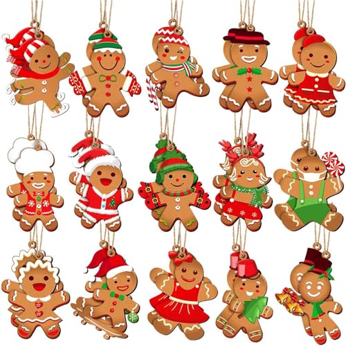 30 Pezzi Omino Pan di Zenzero Natale di Legno, Ornamento Con Spago, Decorazioni Natalizie da Appendere, Addobbi Natalizi, Gingerbread Man