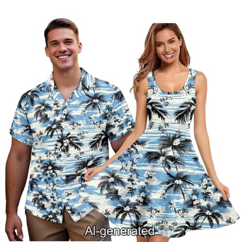 Image of Dreaweet Summer Dresses for Women A-Line Sleeveless Flowy Sun Dresses,Men's Casual Button-Down Shirts,Couple Matching Outfits