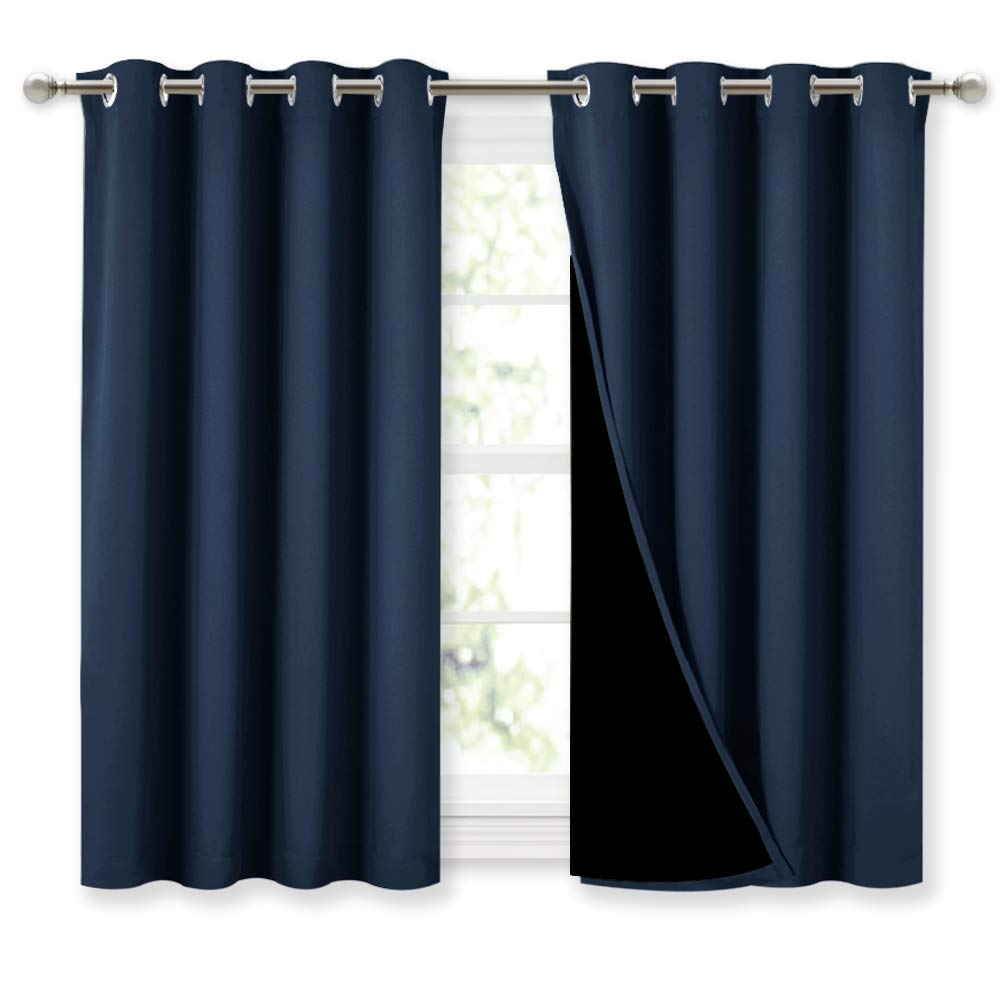 NICETOWN 100% Blackout Curtains with Black Liners, Thermal Insulated 2-Layer Lined Drapes, Energy Efficiency Small Window Draperies for Dining Room (Navy Blue, 2 Panels, 52 inches W by 45 inches L)