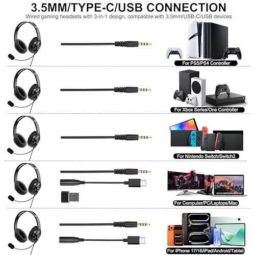 Image of Wired Gaming Headset with Mic for PS5 /PS4 /Xbox /Switch /PC /Laptop /Tablet /Phone, Over-Ear Headphones with USB-A /C & 3.5mm Jacks /360 Rotating Microphone /In-line Control for Home Office Business Work