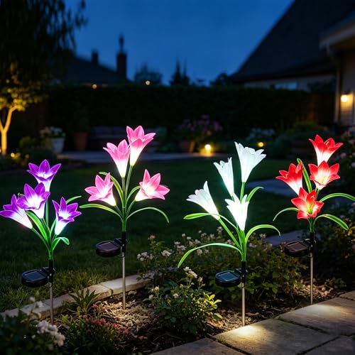 Innvist Solar Flower Lights Outdoor Garden 4 Pack Solar Lily Flower Lights IP65 Waterproof 7-Color Changing Garden Ornaments Outdoor for Lawn Patio Porch Yard Pathway Cemetery Decoration